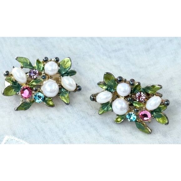 LOT of Three Vintage Earrings Rhinestone Enamel Coro Faux Pearl 1950s Jewelry - Picture 3 of 5